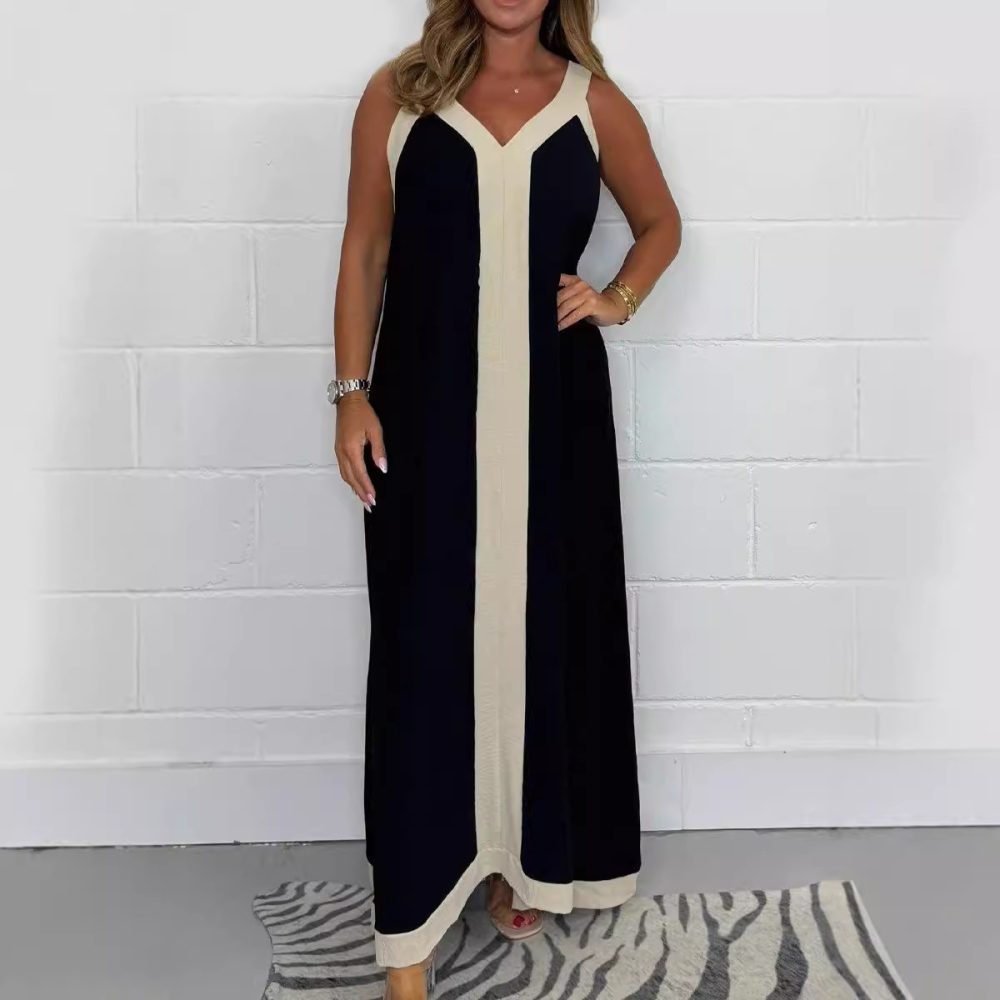 Casual Loose Contrast Color V-neck Sleeveless Long Dress - Image 2