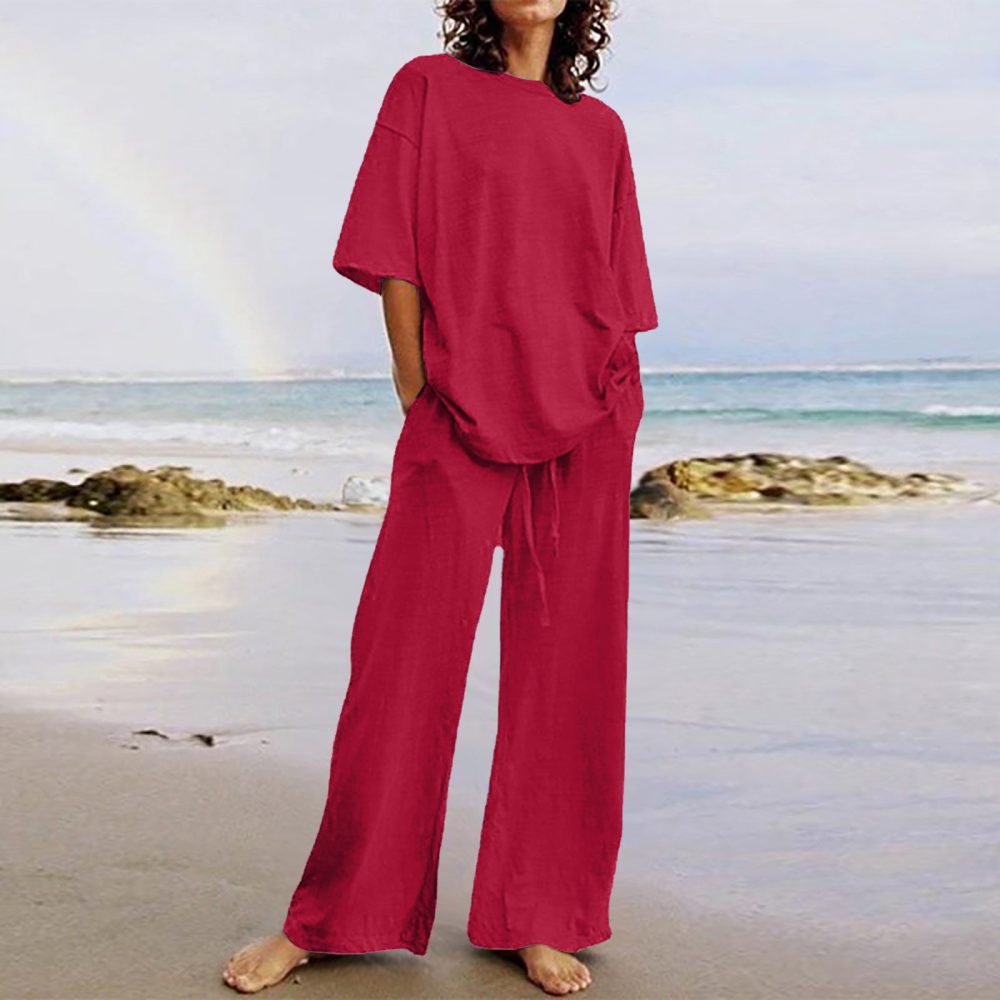 Cotton And Linen Home Solid Color Two-piece Suit - Image 3