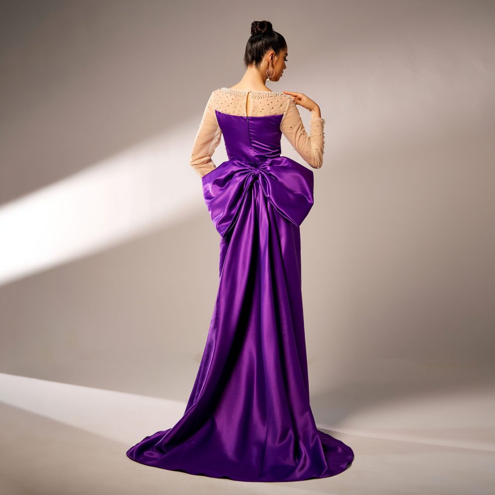 Long Sleeve Round Neck Party Beaded Big Bow Evening Dress - Image 3