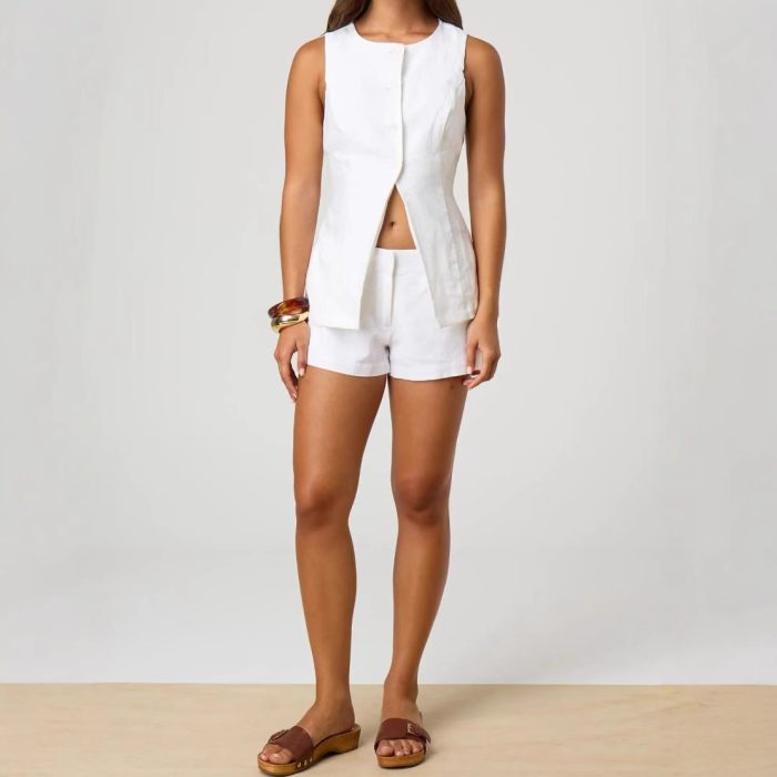 Wide Leg Leisure Cotton Linen Solid Color Shorts