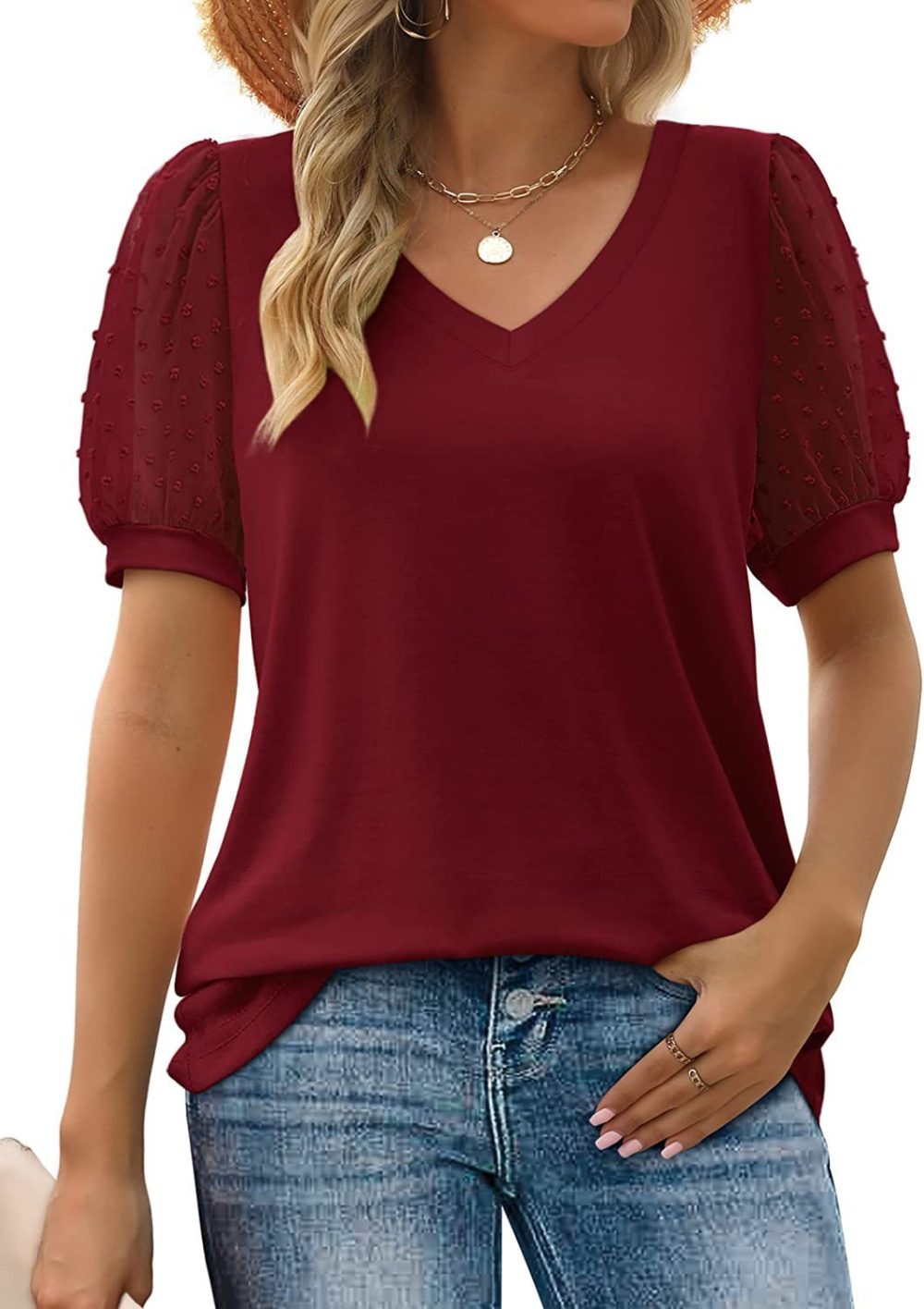 Womens Summer Tops V Neck T Shirts Dot Puff Sleeve Tops Loose Casual Tshirts - Image 5