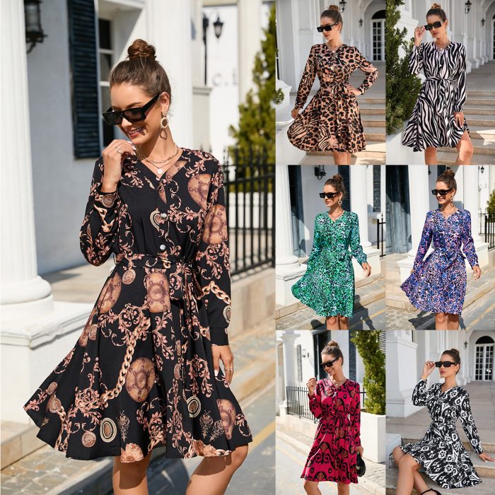 Summer Printing Long Sleeve Big Hem Dress