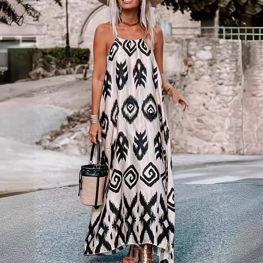 All-match Loose Printed Long Sleeveless Pullover Suspender Skirt - Image 3