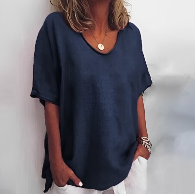 Cotton And Linen Solid Color Short-sleeved T-shirt Women's Casual Coat