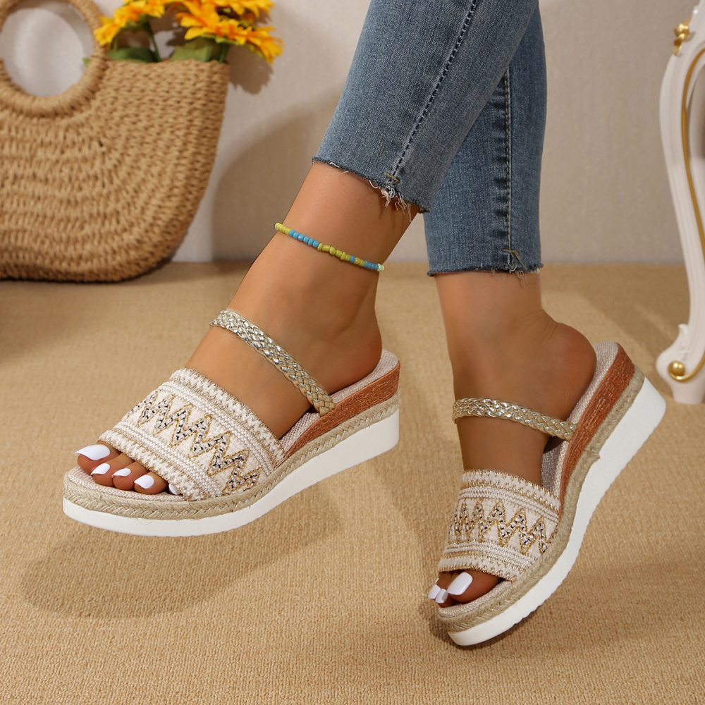 New Color-blocked Wave-patterned Sandals Summer Fashion Wedges Slippers Outdoor Ethnic Style One-line Thick-soled Shoes For Women - Image 6