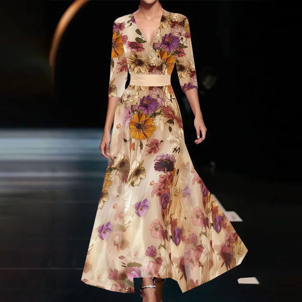 Summer V-neck Split Short-sleeved Dress Fashion Flower Print A-line Long Dresses Party Club Beach Clothing For Women - Image 6