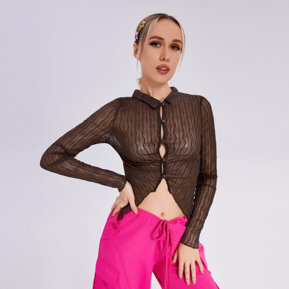 Women's Solid Color Slim -fitting Navel Fashion Lapel Wood Ear Long -sleeved T -shirt - Image 4