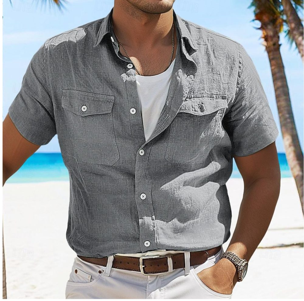 Men's Linen Summer Shirt Beach Solid Color Polo Collar Spring And Summer - Image 6