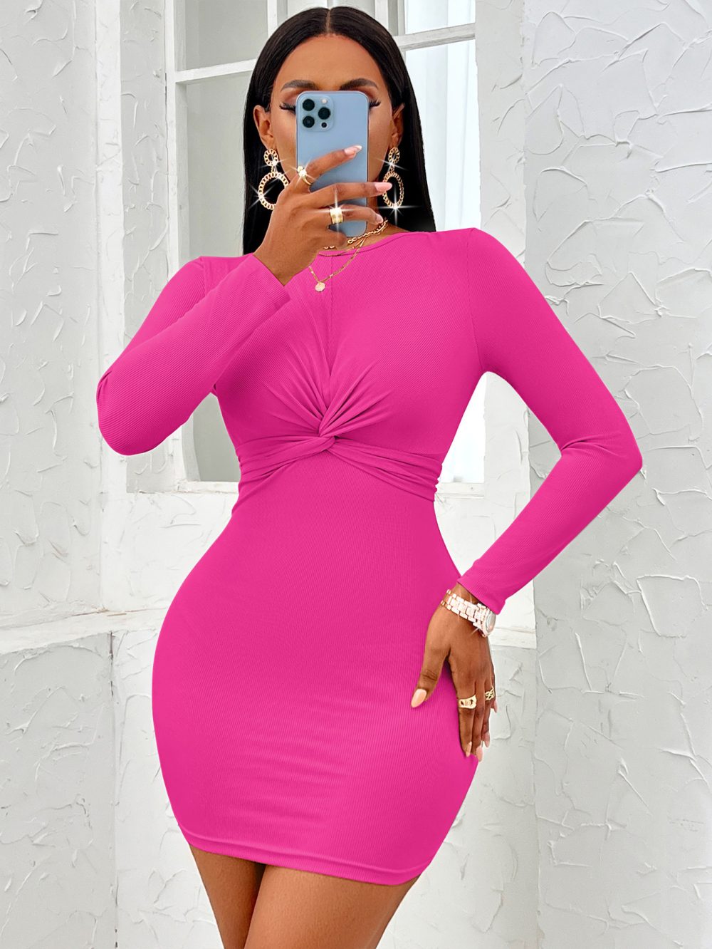 Casual Solid Color Round Neck Twist Long Sleeve Dress - Image 2