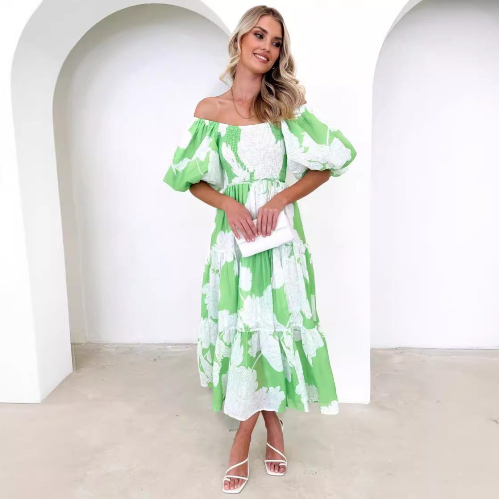 Elegant Floral-print Off-shoulder Puff Sleeve Fashion European And American Style Dress - Image 3