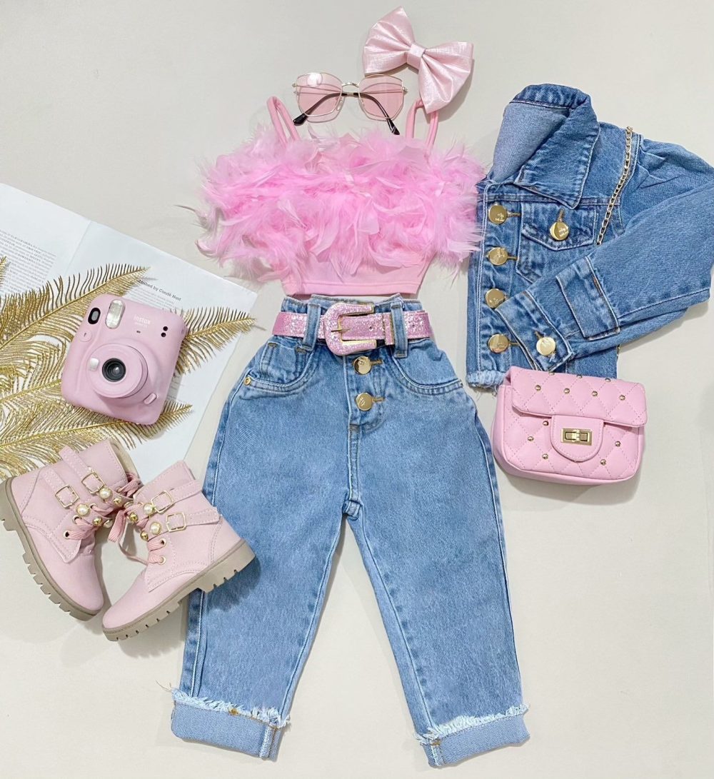 New Girls' Solid Color Sling Top Denim Trousers Suit