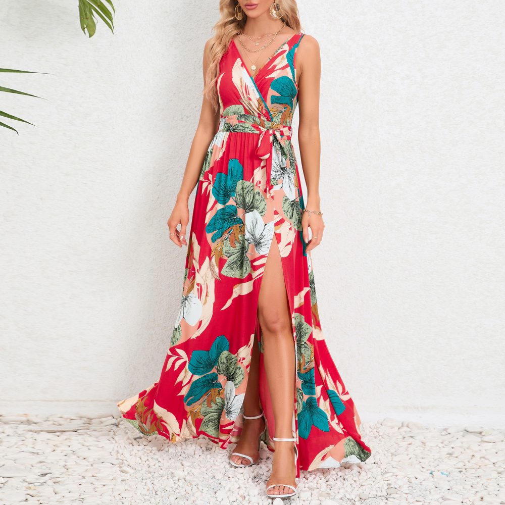 V-neck Floral Print Long Dress Summer Fashion Waist Tie Slit Design Sleeveless Dress For Womens Clothing - Image 6