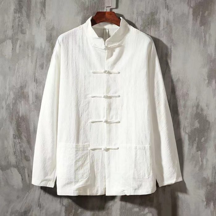 Men's Retro Buckle Cotton Linen Long Sleeve Blouse