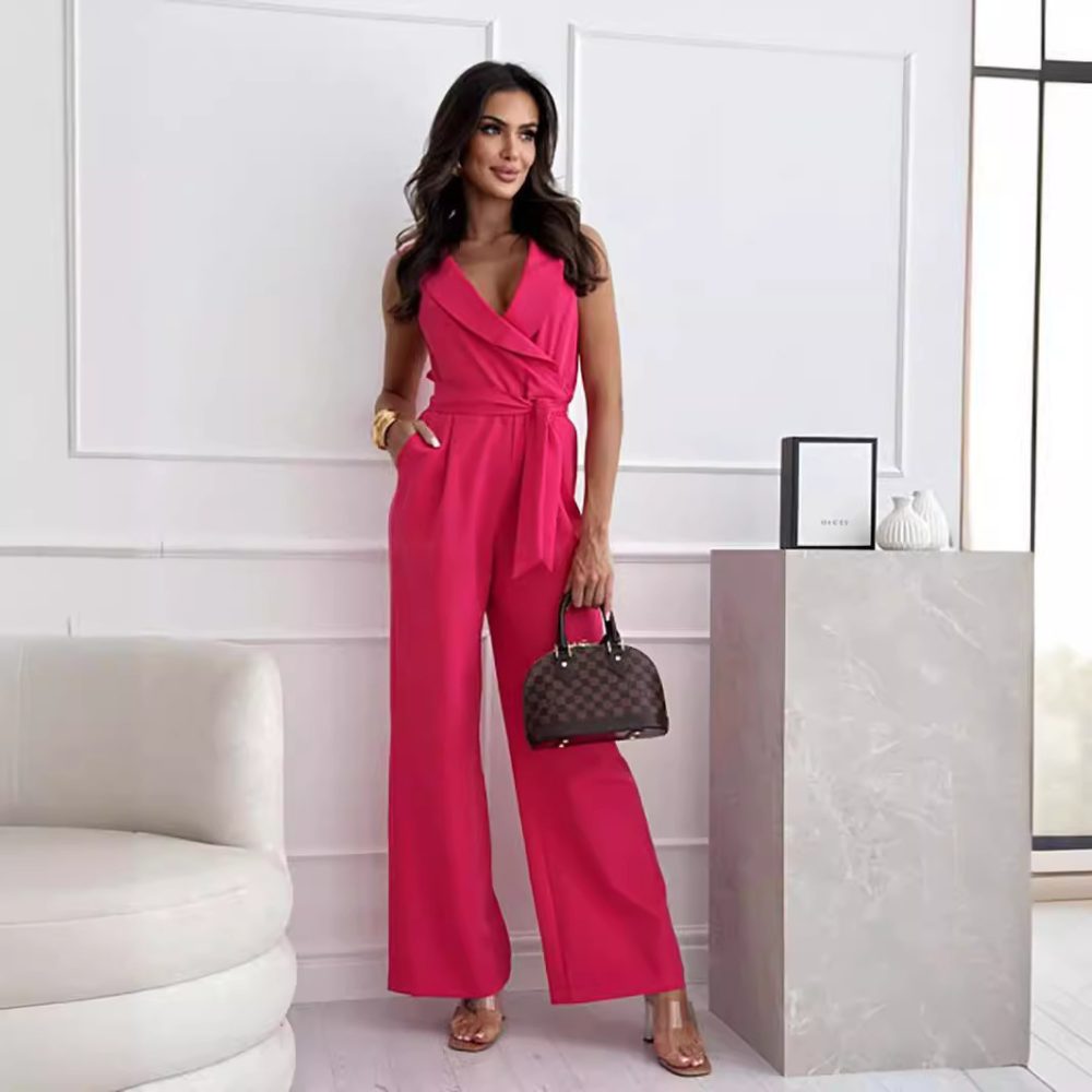 Comfort And Casual Solid Color And V-neck Sleeveless Jumpsuit - Image 3