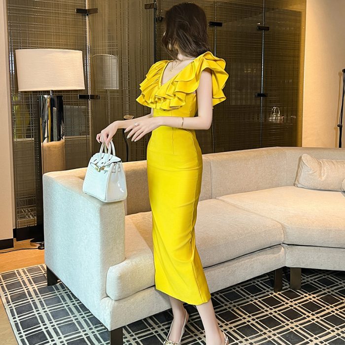 French Style V-neck Ruffled High Waist One-line Step Design Sense Dress