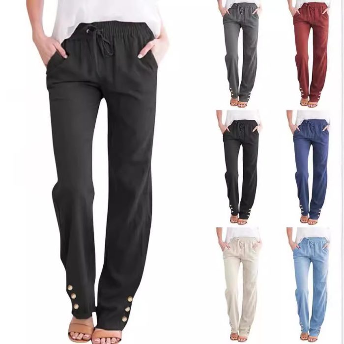 Solid Color Cotton And Linen Loose Drawstring Button Casual Wide-leg Trousers