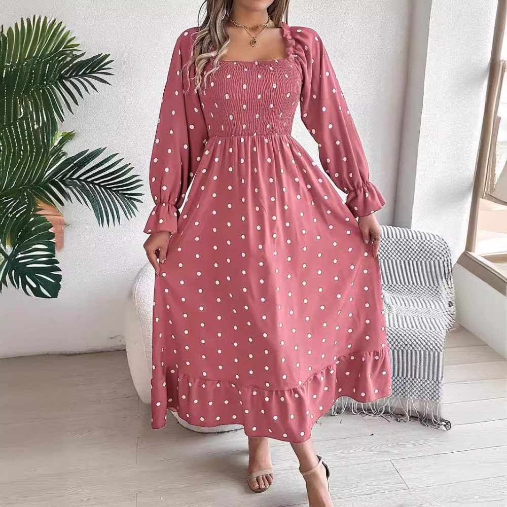 Casual Square Collar Polka Dot Swing Dress With Wooden Ears - Image 2