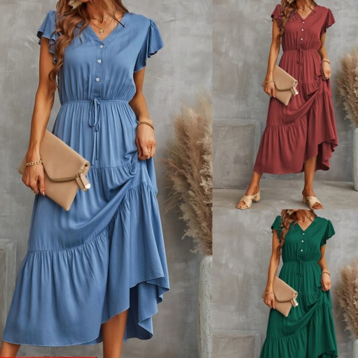 European And American Women's Solid Color V-neck Dress Cake Skirt