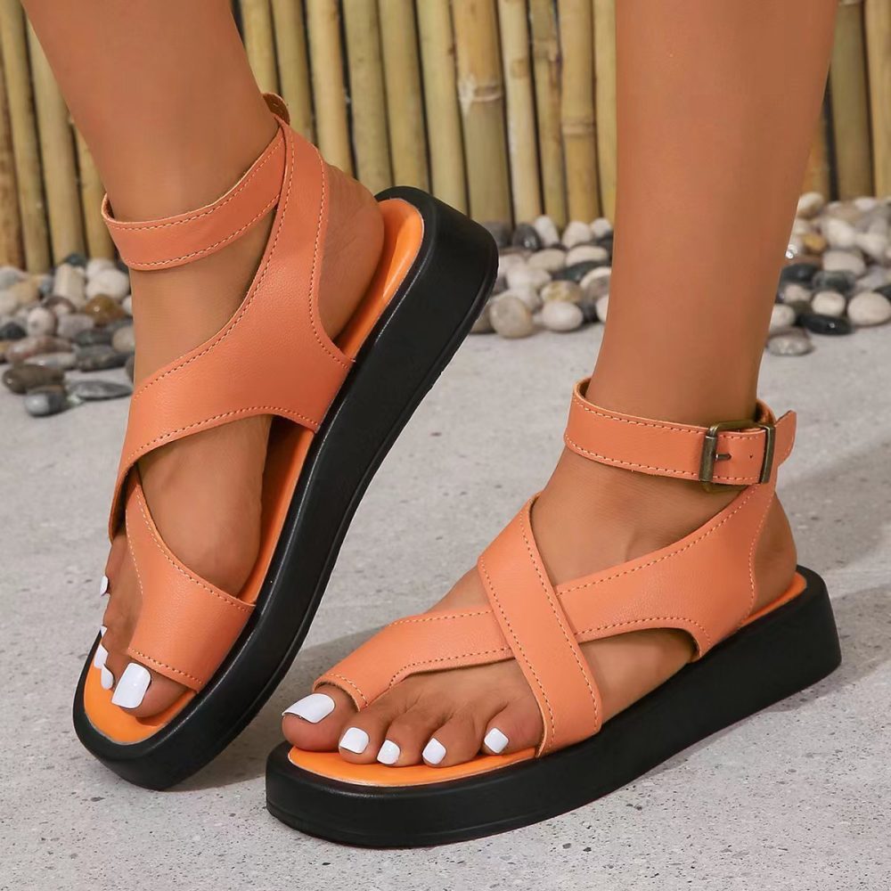 Casual Thick-Soled Clip Toe Sandals Summer Fashion Round Toe Beach Shoes With Back Buckle Strap Sandal For Women - Image 3