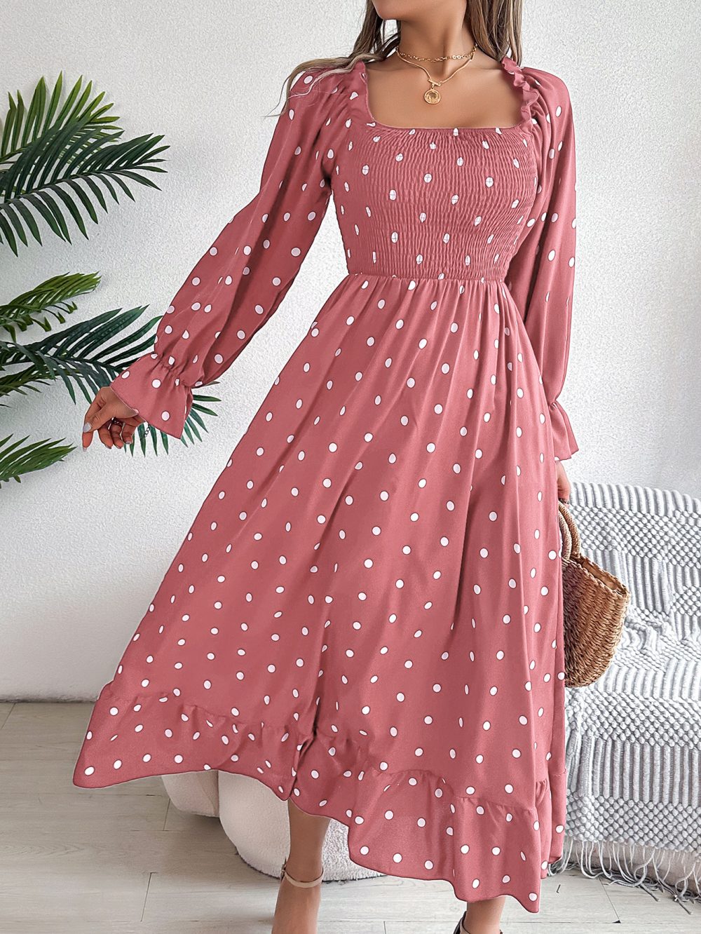Casual Square Collar Polka Dot Swing Dress With Wooden Ears - Image 8