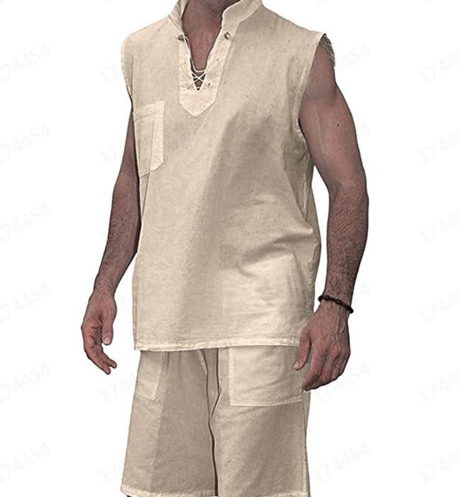 Men's Casual Solid Color Lace-Up Vest Two-Piece Set