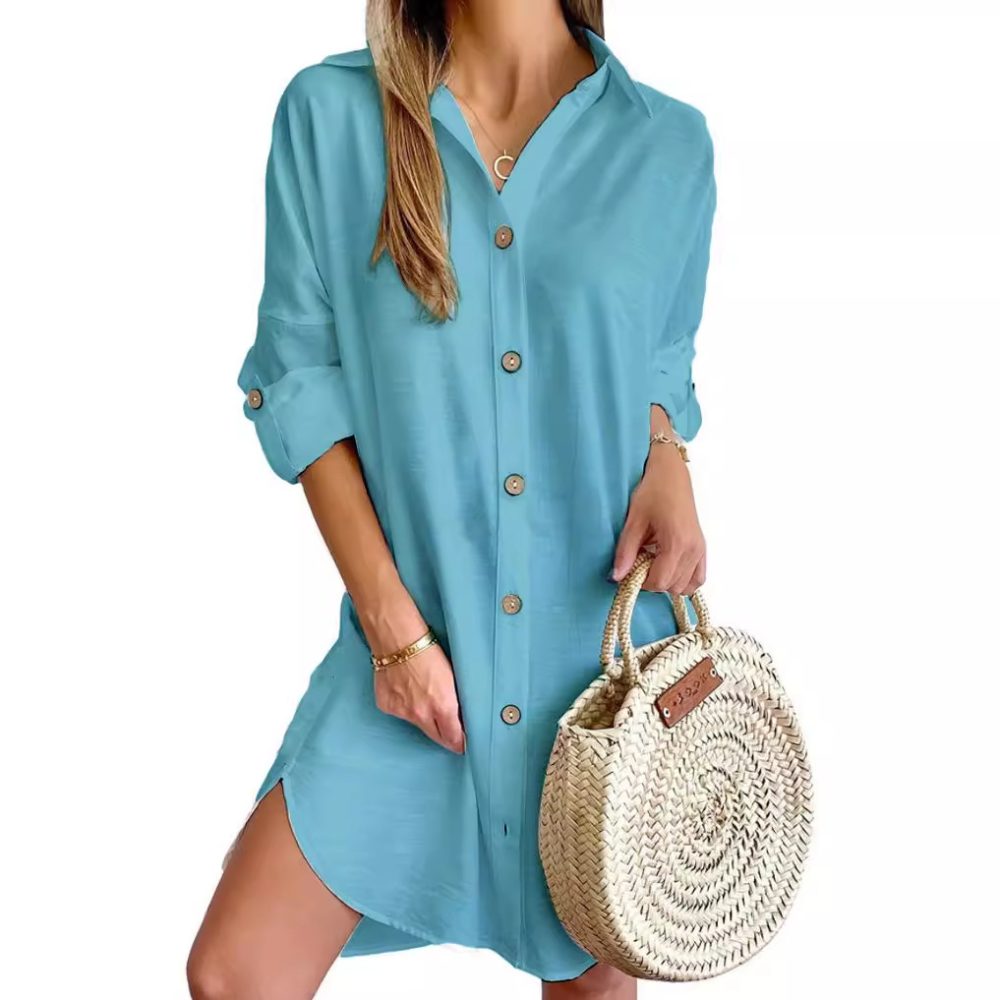 Autumn Leisure Long Sleeve Lapel Button Shirt Dress Womens Clothing - Image 2