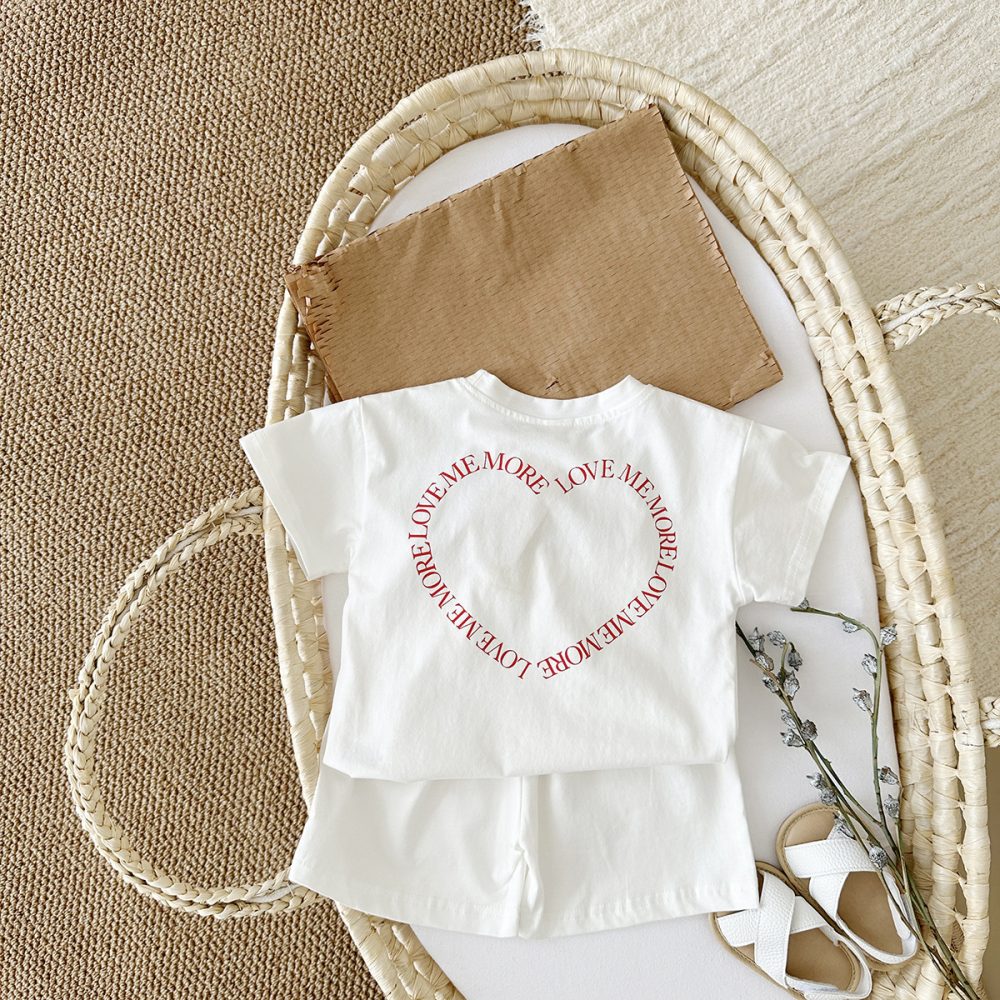 Heart Printing Short Sleeve Suit Korean Style Baby Boys' And Girls' Clothing Two-piece Set - Image 2