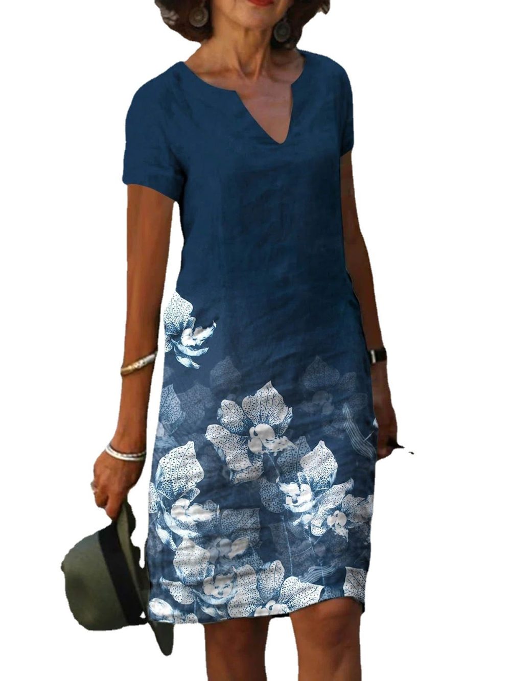 Women's Floral Printed Cotton And Linen Short-Sleeved V-Neck Mid-Length Dress - Image 5