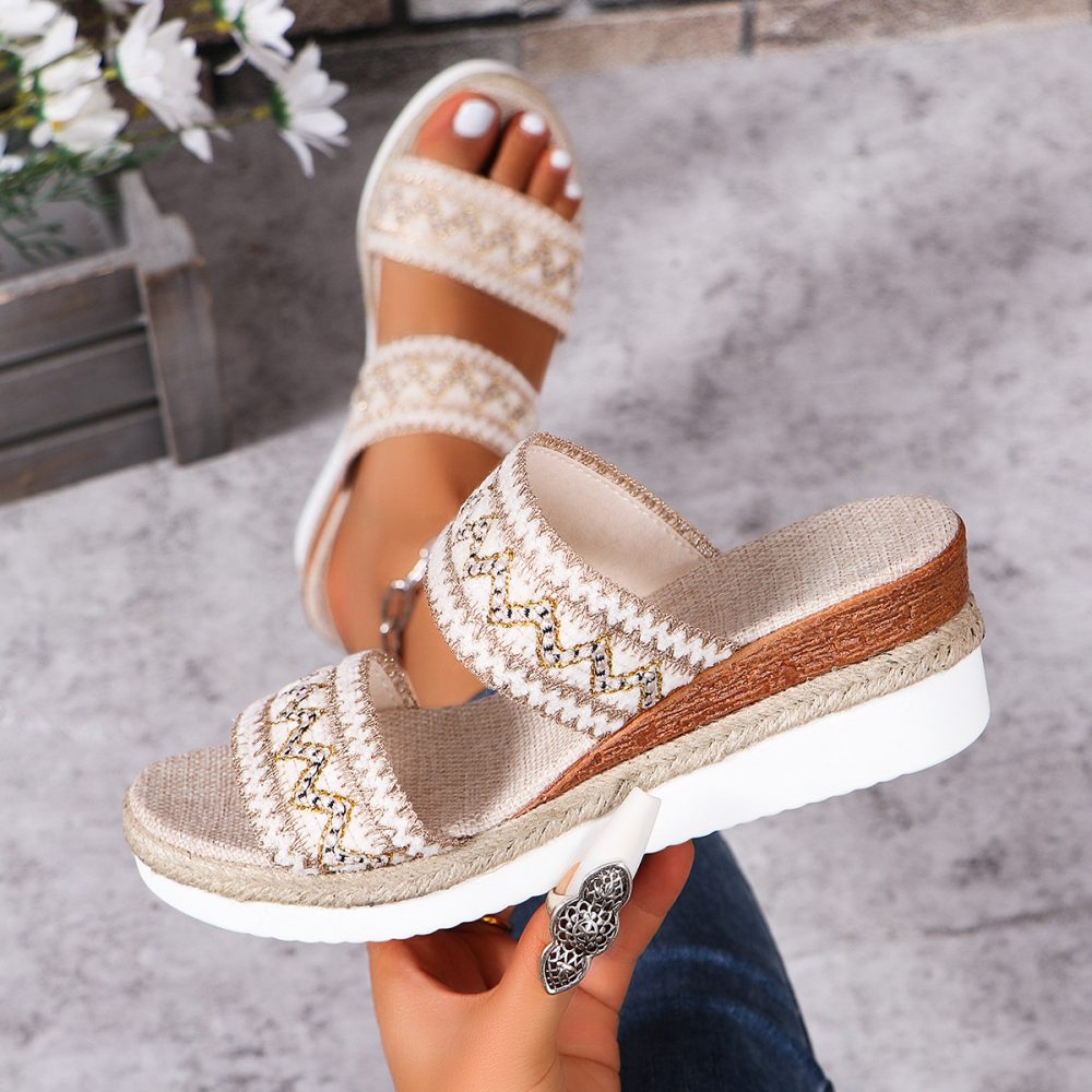 Fashion Wavy Pattern Woven Sandals Summer Casual Ethnic Style Slippers Linen Bottom Wide Strap Wedges Shoes For Women - Image 7