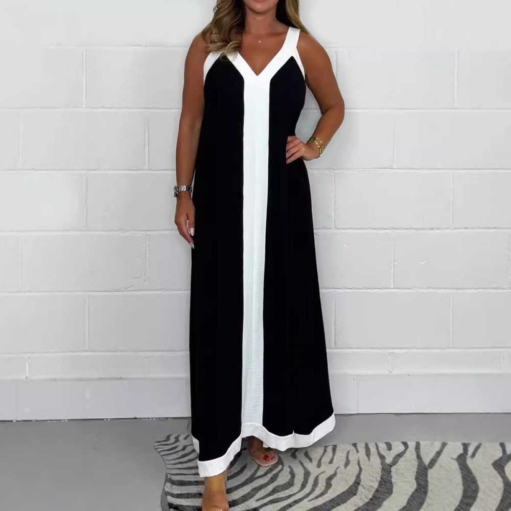 Casual Loose Contrast Color V-neck Sleeveless Long Dress - Image 4