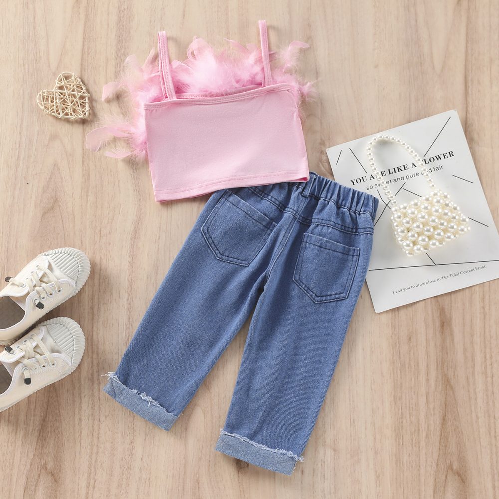 New Girls' Solid Color Sling Top Denim Trousers Suit - Image 3