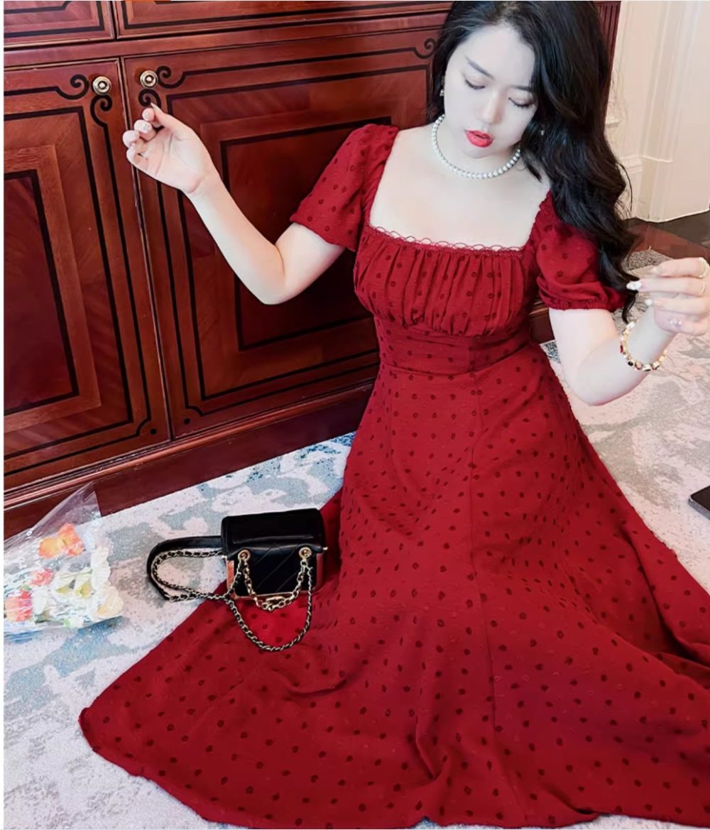Plus Size Retro Square Collar Fishbone Dress - Image 6