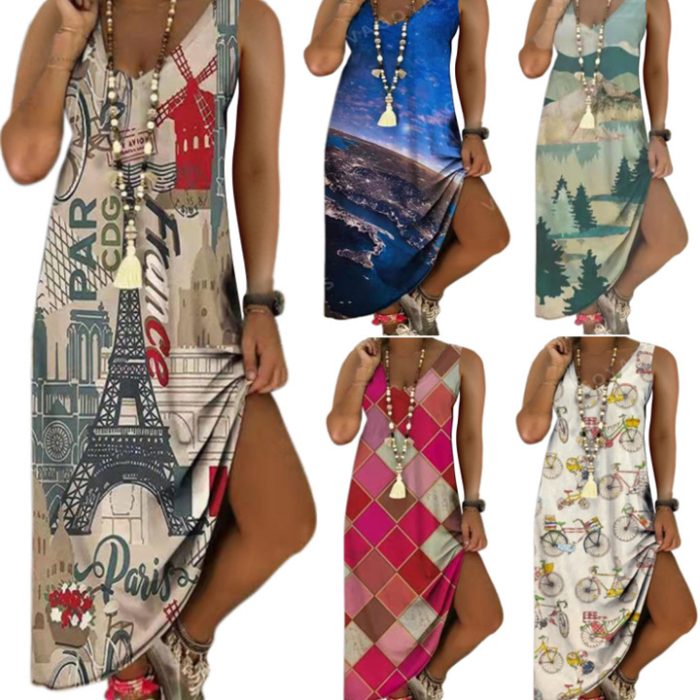 V-Neck Printed Sleeveless Long Jumpsuit Casual Beach Dress