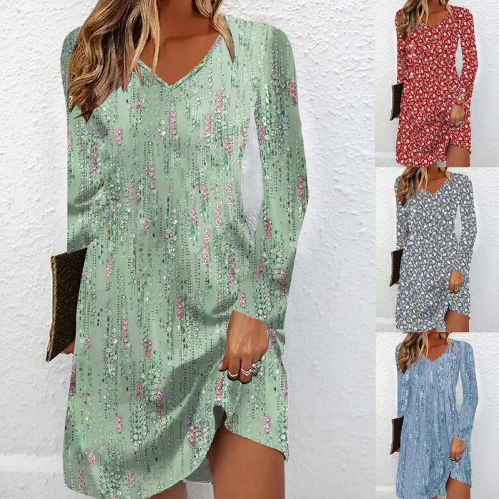 European And American Digital Printing Long Sleeve Dress