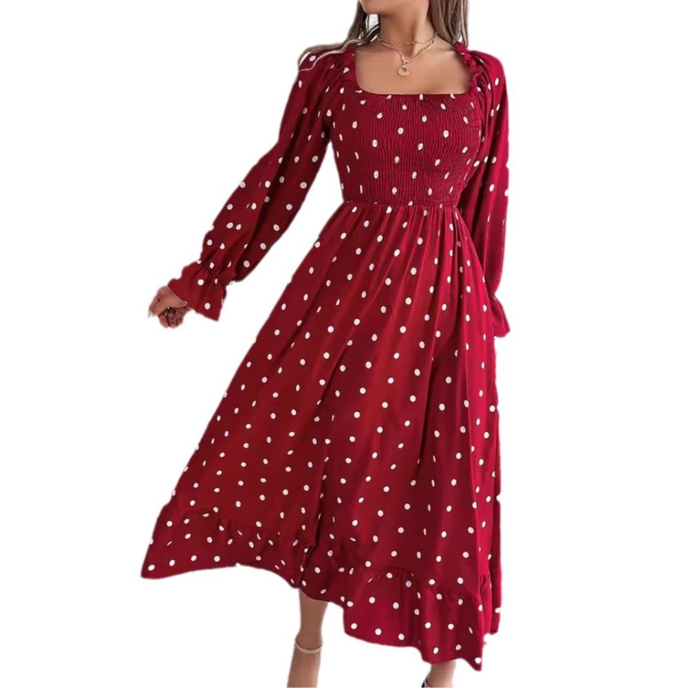 Casual Square Collar Polka Dot Swing Dress With Wooden Ears - Image 5