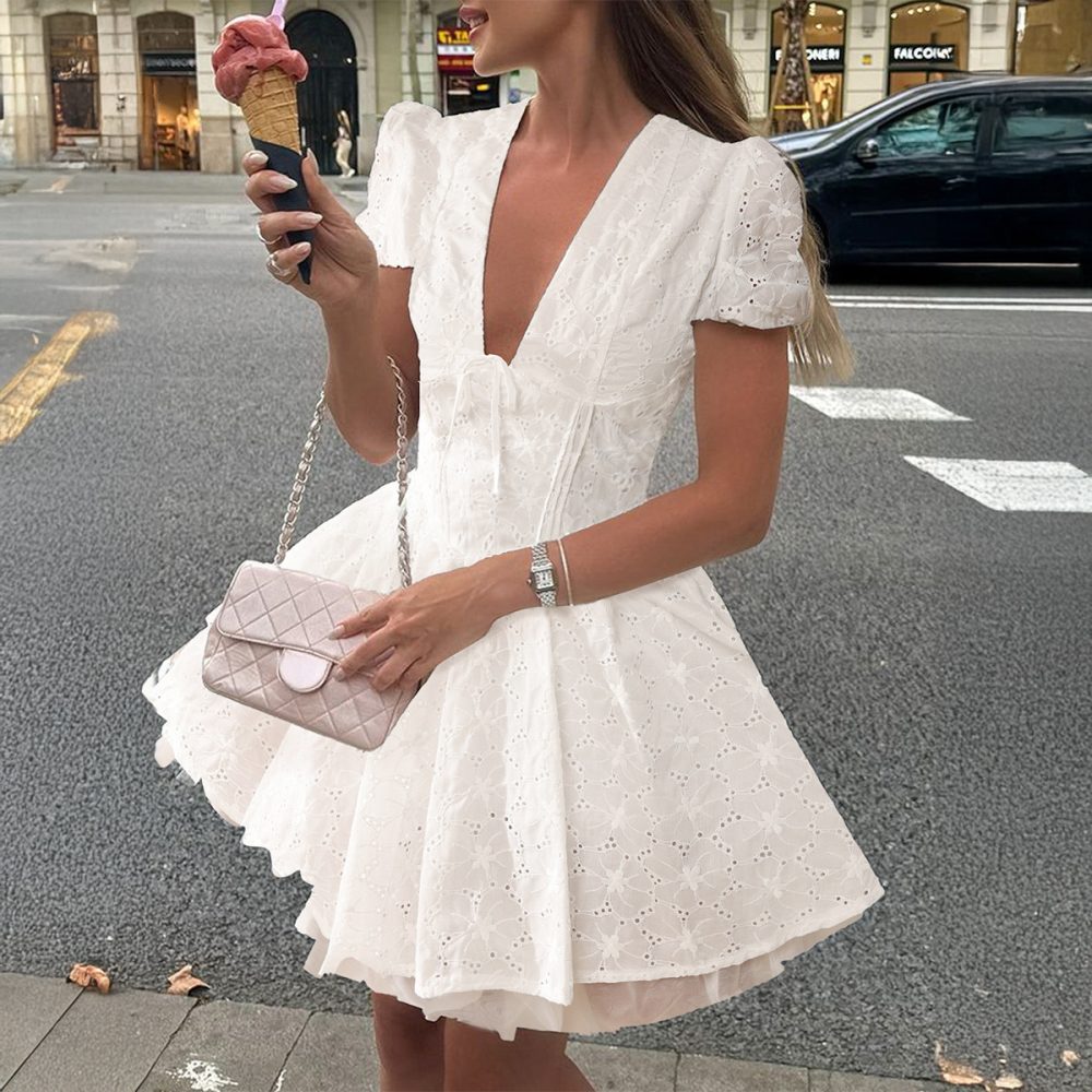 Casual Vacation Style Solid Color Hollow Dress Women - Image 2