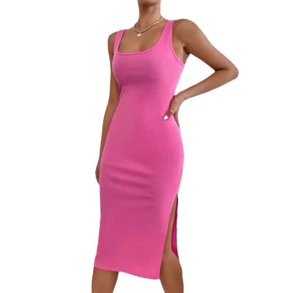 Elegant Rib Sunken Stripe Sleeveless Square Collar Slimming Split Dress - Image 5