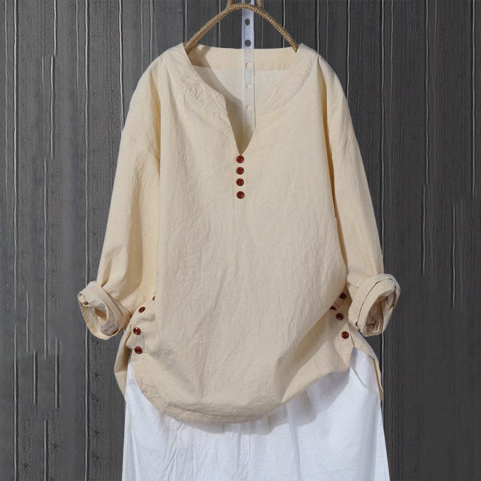 Cotton And Linen Plus Size Top V-neck Loose Shirt