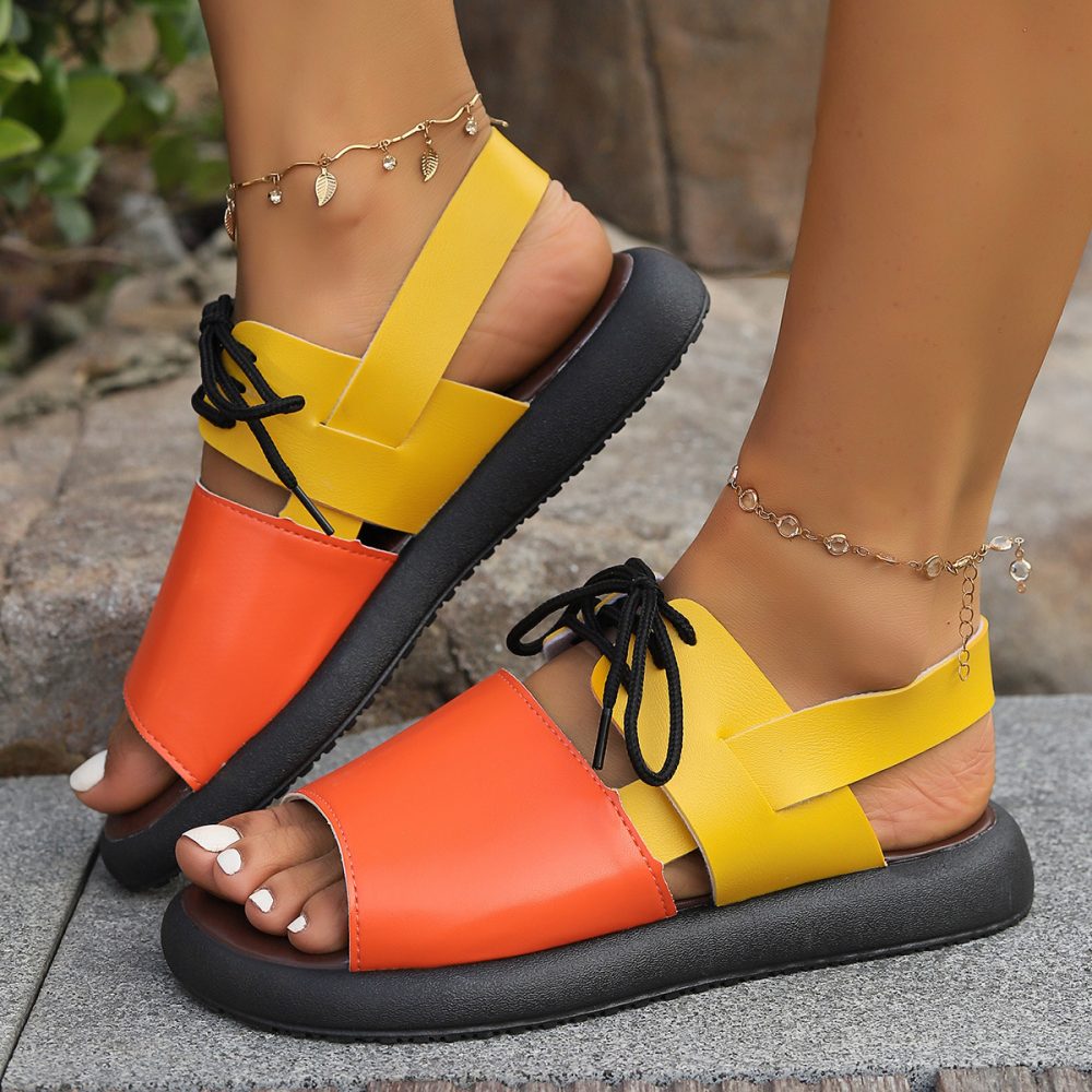 Color-block Lace-up Roman Sandals For Women Summer New Fashion Flat Fish Mouth Beach Shoes - Image 2