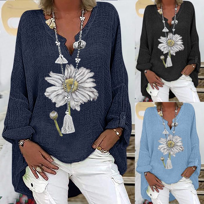 Floral Printed V-neck Cotton Linen Long Sleeve Shirt