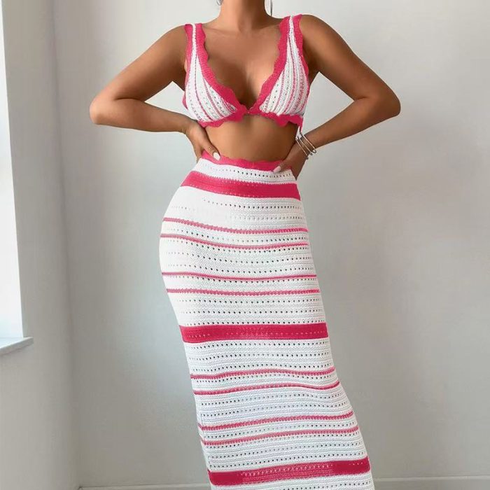 Knitted Spaghetti Straps Chest Wrap Top And Skirt Suit