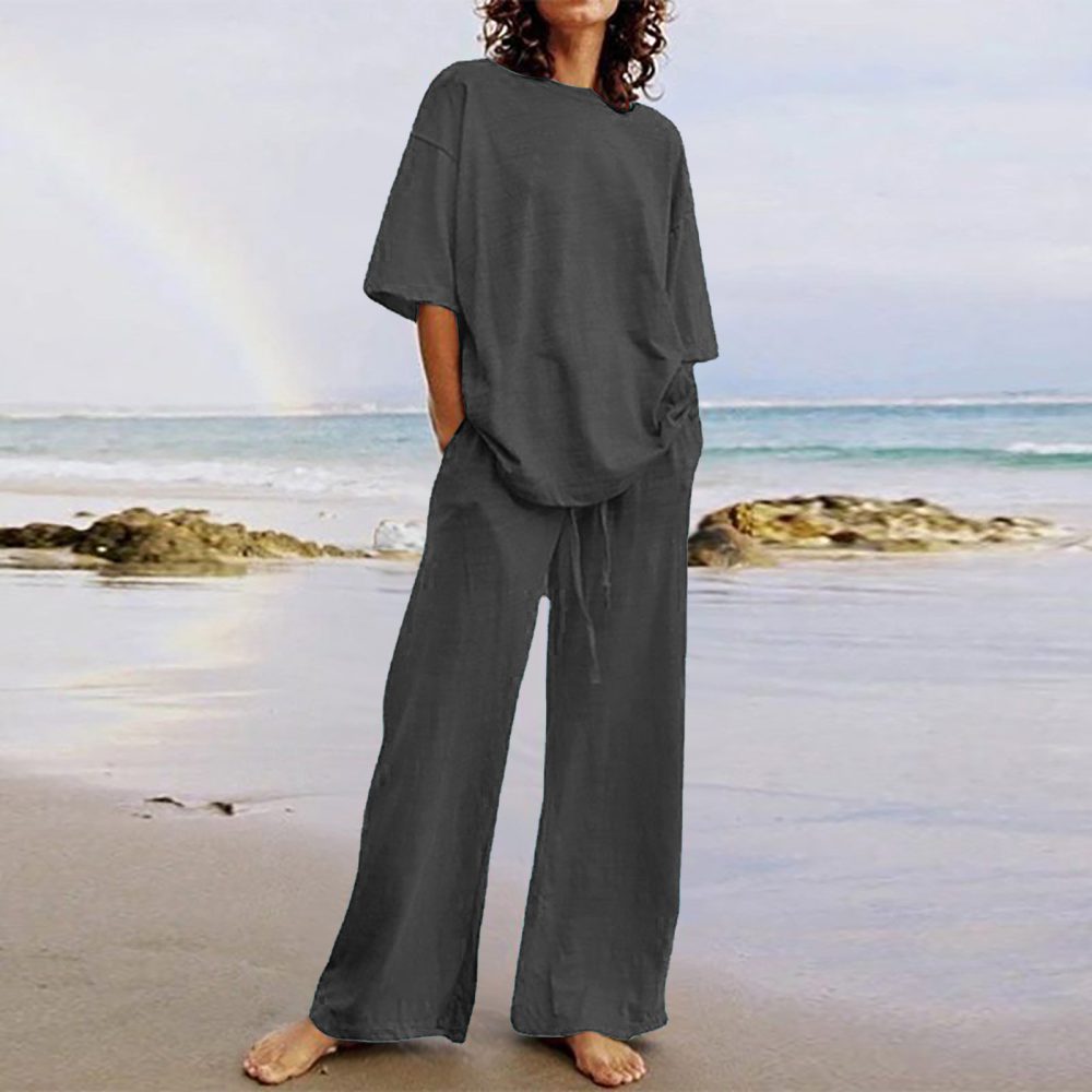 Cotton And Linen Home Solid Color Two-piece Suit - Image 6