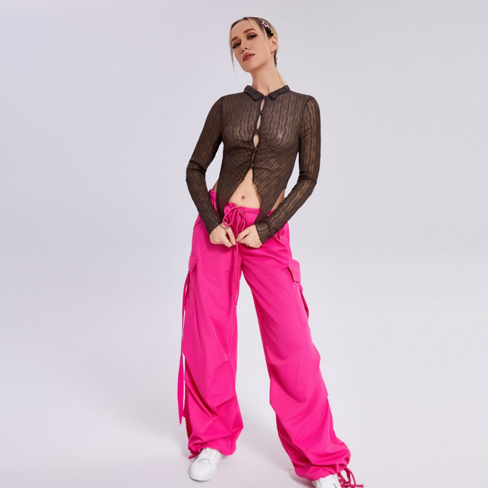 Women's Solid Color Slim -fitting Navel Fashion Lapel Wood Ear Long -sleeved T -shirt - Image 7