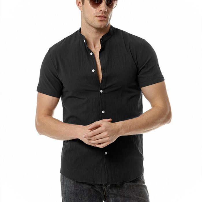 Men's Cotton And Linen Henry Collar Beach Shirt