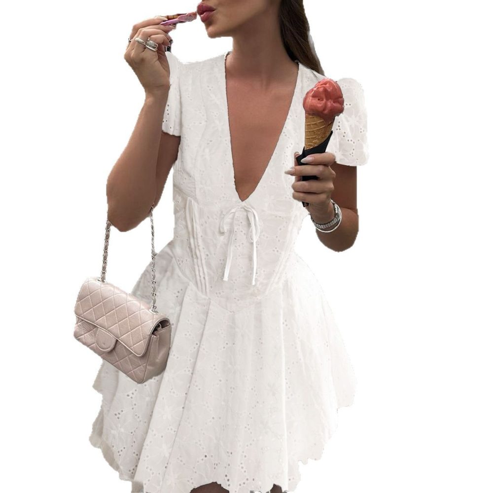 Casual Vacation Style Solid Color Hollow Dress Women - Image 5