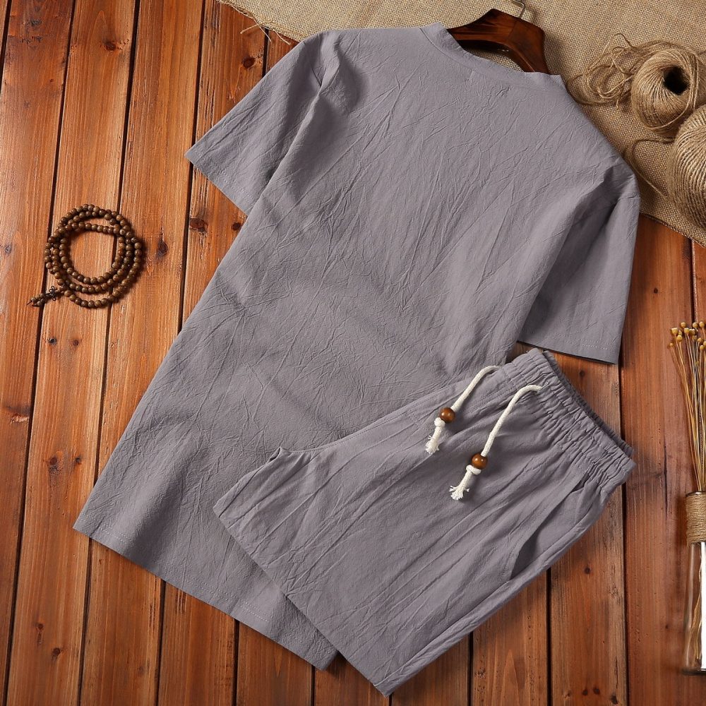 Cotton And Linen Two-piece Buckle Suit Casual V-neck Two-piece Set - Image 2