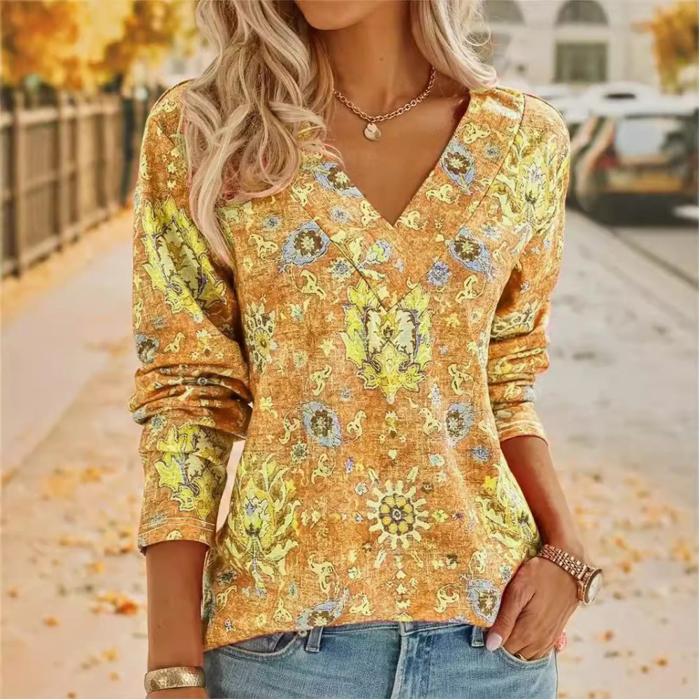 Big Size Bohemian Printed Long Sleeve T-Shirt Summer Fashion V-Neck Top Beach Clothing For Women - Image 7