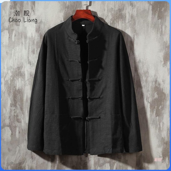 Chinese Style Buckle Cotton And Linen Shirt Stand Collar Chinese Style Long Linen Sleeves Shirt