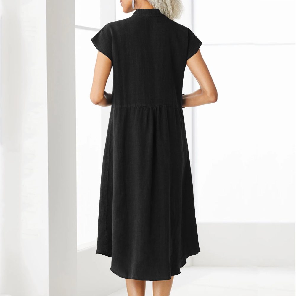 Cardigan Stand Collar Single-breasted Cotton And Linen Pocket Dress - Image 9
