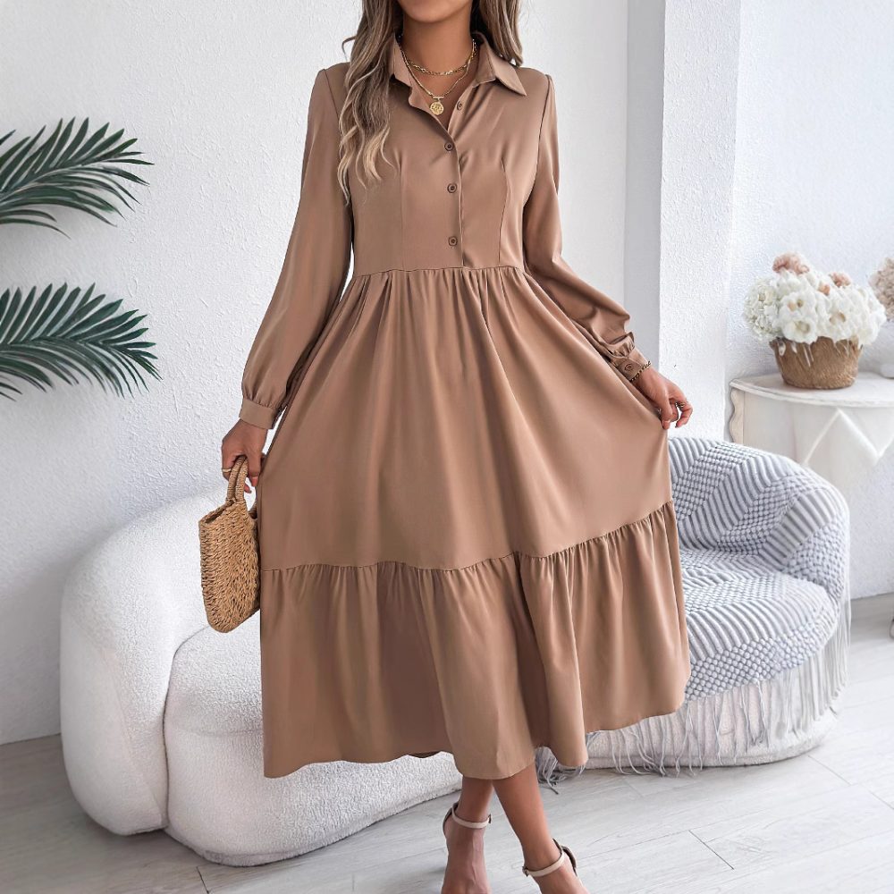 Women's Lapel Casual Loose Long Sleeve Ruffled Shirt Dresses Long Sleeved Turn-down Collar Single-Breasted Dress Spring Autumn Fashion Women's Clothing For Vacation - Image 4